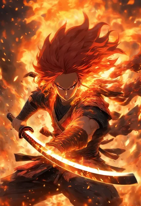 young person with fiery red hair, wielding a powerful katana and surrounded by swirling flames, embodying the spirit of a fierce and determined warrior, powerful