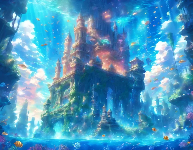 fantastical, underwater kingdom with vibrant coral castles and ethereal sea creatures, where shimmering rays of sunlight penetrate the azure depths