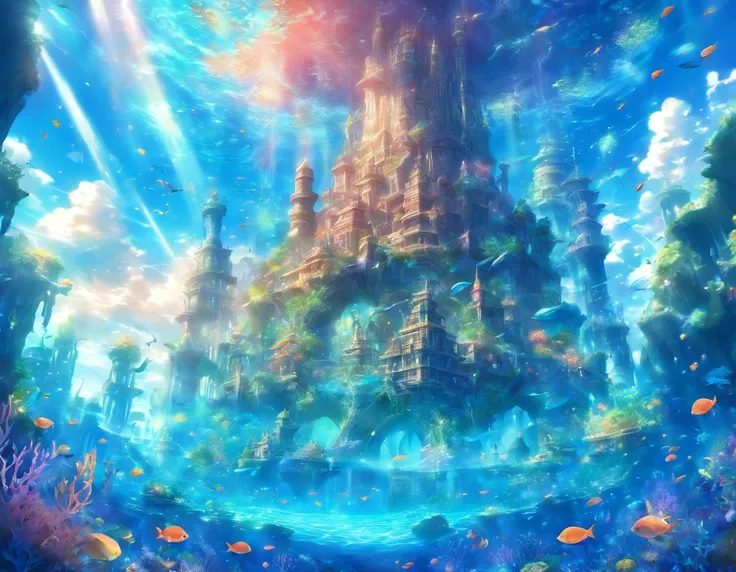 fantastical, underwater kingdom with vibrant coral castles and ethereal sea creatures, where shimmering rays of sunlight penetrate the azure depths