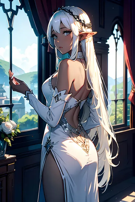 4D、Elven Princess,blacks,28 year old,（8K picture quality、high-detail、​masterpiece、ultra-definition）、Ray traching、Castle bedroom,Bedrooms,a blond、white  hair、length hair、((Black skin))、high-detail skin、(scarface),Slit skirt,Long dress with exposed back、Wide...