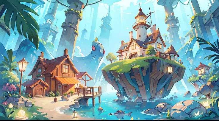 (best quality,4k,highres,masterpiece:1.2),ultra-detailed,realistic:1.37,bright colors,aquatic fantasy,vibrant watercolor illustration,cyberpunk,whimsical,tropical village,huge lighthouse,detailed environment,book illustration,cyberpunk atmosphere,dreamlike...