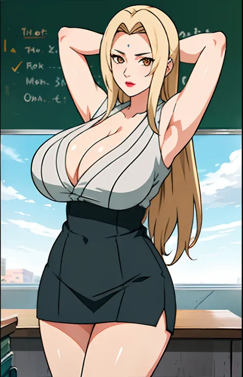 (huge tits), white shirt, black tight skirt, fullbody, cleavage, good anatomy, masterpiece, best quality, 4k, 8k, professional photography, soft light, sharp focus, 1 girl, blonde hair, at classroom, blonde hair, parted banks, detailed face+brown eyes, op...