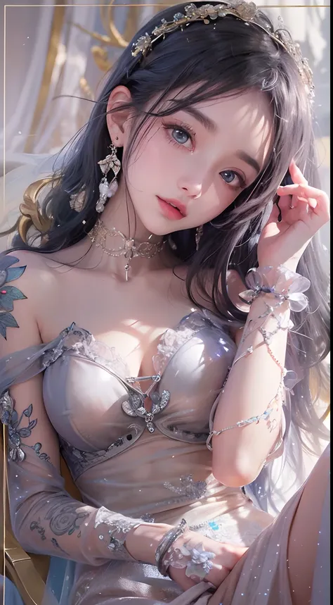 1girll,（enchanced quality：1.4），（Top quality true texture skin), Delicate face,Black hair, Gradient hair, Petite body,（perfect bodies：1.1）, There are precious stones on the forehead, rimless eyewears, Sparkling pupils，long eyelasher,grin, hyper photorealism...