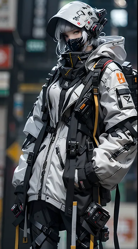 1girll, helmet, hood, solo, spacesuit, extra-long_hair, bangs, jacket, the upper part of the body_body, white_hair, bag, blurry,...