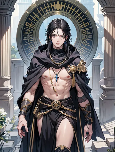 Lucius is a solemn and stoic figure with jet-black hair that falls just above his shoulders. His piercing gray eyes seem to hold a deep, timeless knowledge, and his skin is ashen.
Costume: He wears a simple, hooded robe made of faded black fabric, often ad...