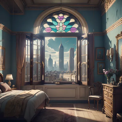 (((Generate an ornate bedroom in the style of Versailles with a big historical window.))) A hyperrealistic cyberpunk dreamscape cityscape is in the window. The cityscape is extremely detailed with many lights and LED neon colors and buildings of many diffe...