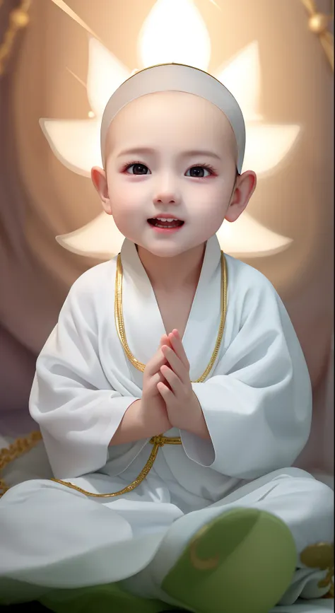 Baby in white robe sitting on bed，wearing a gold chain, a serene smile, Cute digital painting, Cute boy, little boy wearing nun outfit, Innocent smile, wearing white robes with, young wan angel, Sweet and innocent, yanjun cheng, blessing hand, Serene expre...