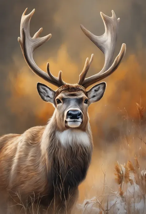 reindeer, oil painting, beautiful natural landscape, detailed fur, brown eyes and antlers, (best quality, 4k, 8k, highres, masterpiece:1.2), ultra-detailed, (realistic, photorealistic, photo-realistic:1.37), portraits, flowers on antlers, vibrant colors, p...