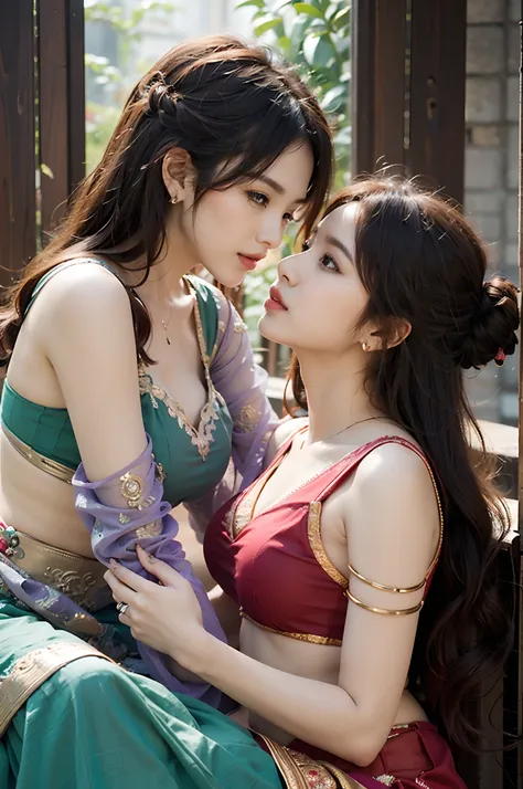 woman wearing red lehenga, sitting on lap of woman wearing purple saree, making out,(ulzzang-6500-v1.3,pureeroface_v1,octane ren...