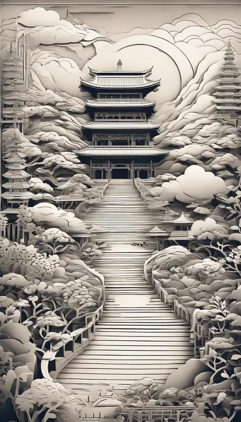 paper cut out，Chinese architecture，gardens，mountain water，Sea of clouds