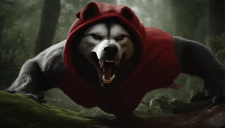 lobo peludo sem rosto, boca grande no peito, dentes grandes e afiados, attacking little red riding hood with fear fallen to the ground Thriller, lo gothic ,t-pose, Front view, side view, design de personagens, criatura de fantasia, criatura de fantasia, Ar...