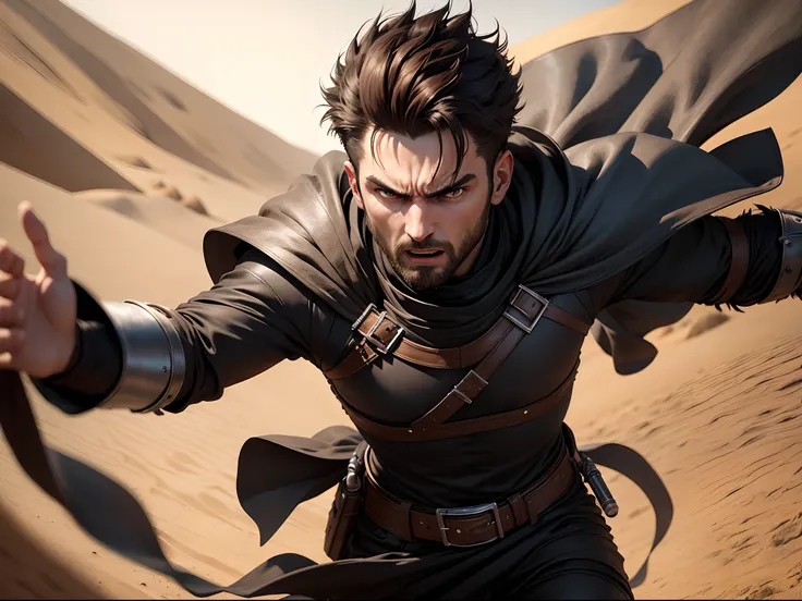 realistic image in 8k of a man with short brown hair, 30 years old, combed to the side, thin and smooth face, dressed in black cleric attire and silver shoulder pads in RPG style, running in a desert of dunes, angry expression, anime style art