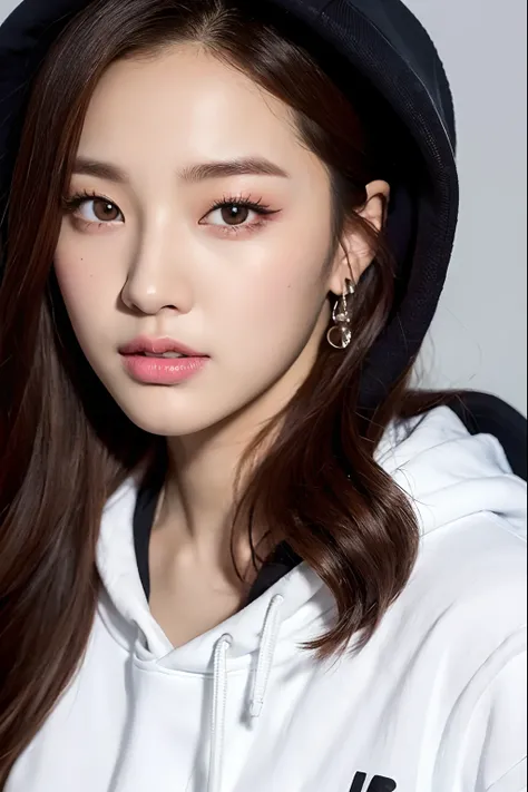 a close up of a person wearing a white outfit and a hoodie, jossi of blackpink, jaeyeon nam, roseanne park of blackpink, wan adorable korean face, lee ji-eun, lee ji - eun, park ji-min, portrait of jossi of blackpink, heonhwa choe, blackpink jennie, ruan j...