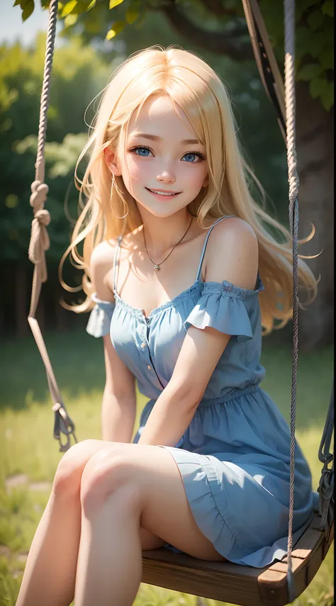 Very cute blonde girl, 18 years old, short blue summer dress, sitting on a swing, smiling, in nature