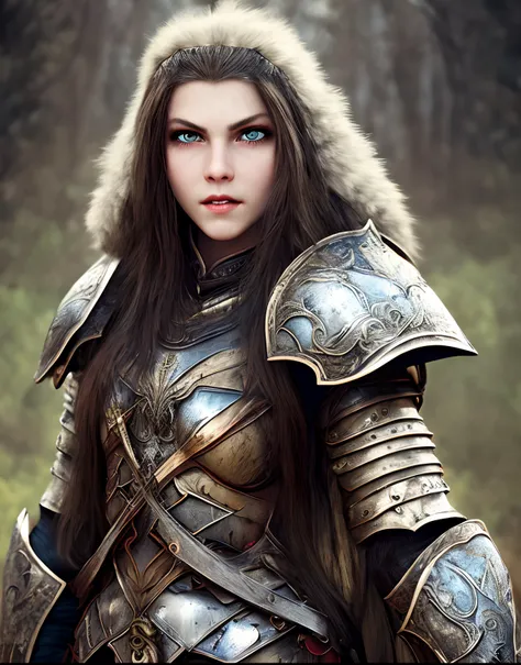 The ancient beautiful warrior girl with pale skin, black hair, wild blue eyes, soft and full lips, wears the armor