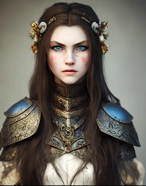 The ancient beautiful warrior girl with pale skin, black hair, wild blue eyes, soft and full lips, wears the armor