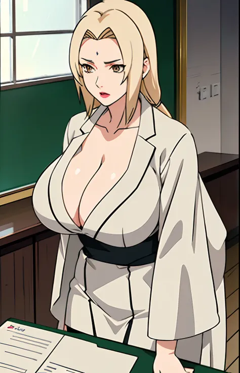 (Big tits), white shirt, (long coat), black tight skirt,  fullbody, cleavage, good anatomy, masterpiece, best quality, 4k, 8k, professional photography, soft light, sharp focus, 1 girl, blonde hair, at classroom, blonde hair, parted banks, detailed face+br...