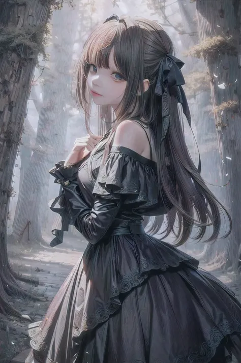 Anime girl in dark dress standing in forest, gothic maiden anime girl, Anime girl wearing black dress, a maid in a magical forest, Guweiz on ArtStation Pixiv, Guweiz in Pixiv ArtStation, loli in dress, Beautiful anime girl, a beautiful anime portrait, tren...