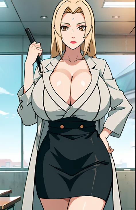 (Big tits), white shirt, (long coat), black tight skirt,  fullbody, cleavage, good anatomy, masterpiece, best quality, 4k, 8k, professional photography, soft light, sharp focus, 1 girl, blonde hair, at classroom, blonde hair, parted banks, detailed face+br...