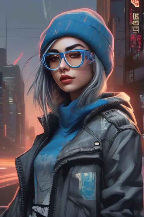 Cute female  cyberpunk hacker with blue colored glasses, in a jacket with a Beanie long grey hair half teeshirt ripped jeanscyberpunk 2077 poster art