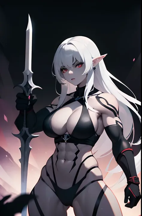 A beautiful athletic female dark elf, fit muscular ripped body, big breasts, White colored hair, grey skin like coal, red eyes faint glow, wielding a long sword, fighting stance, underdark fantasy art, ambient purple light source, studio lighting, highly d...