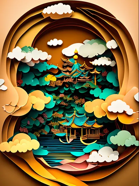 Suzhou Garden under the stars,Chinese architecture,gardens,mountain water,Sea of clouds,exquisitedetails,arte em papel cortado，s fractal art，opulent,(high detal:1.2)