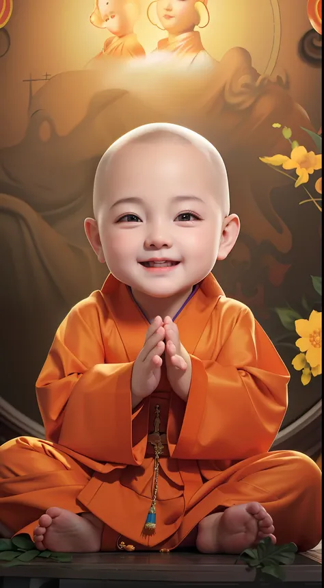 Smiling baby in orange robe sitting in front of a painting of a smiling Buddha, lovely digital painting, Buddhist, monk clothes, Portrait shooting, buddhist monk, monk meditation, adorable digital art, monk, Buddhism, portrait of monk, high quality portrai...