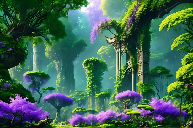 An alien jungle, giant trees, ((violet foliage)), ancient stone ruins, flowers, high-resolution