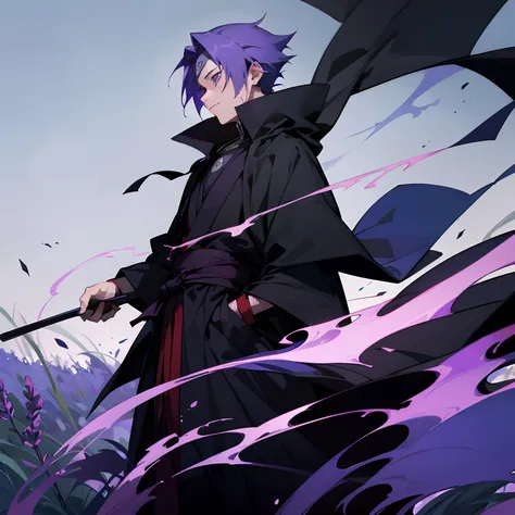 1male , Dark Blueish lavender colored hair , amber colored eyes , teen , black cloak , Sasori , Naruto (Series) ,