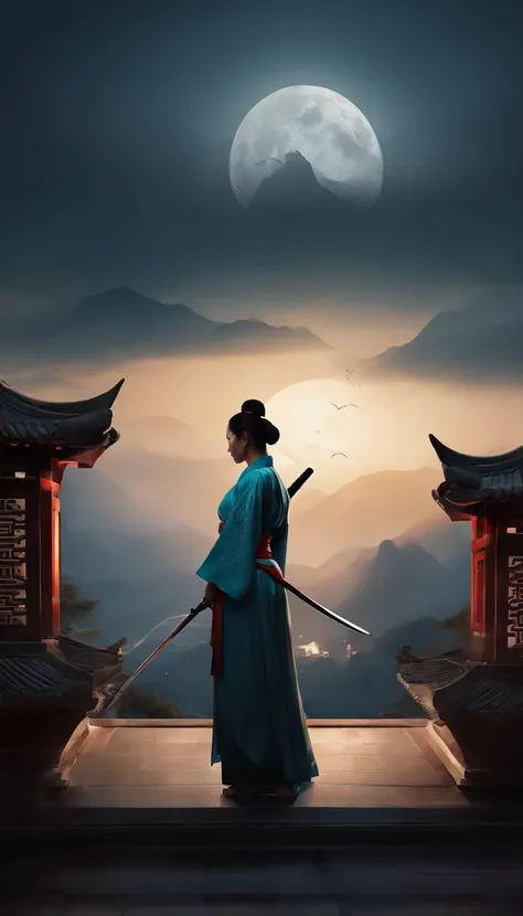 (((Best quality))),(((Ultra detailed))),(((Masterpiece))),illustration,1人,1womanl,swordsman,warrioress,Traditional Chinese clothing,standing,Ink style,Martial arts,Pose,Rooftop,Moonlight,Night,Background,Ancient Chinese architecture,misty mountains,Silhoue...