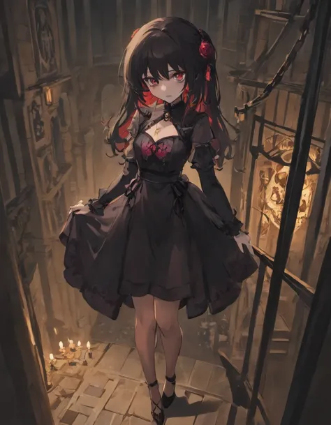 1girl, long black hair, brown eyes, vampire, wearing black pantyhose, skull tattoo on arm, nylon dress, black heels, standing on balcony of castle, night time, absurdres, high res, ultra sharp, 8K, masterpiece, looking at viewer