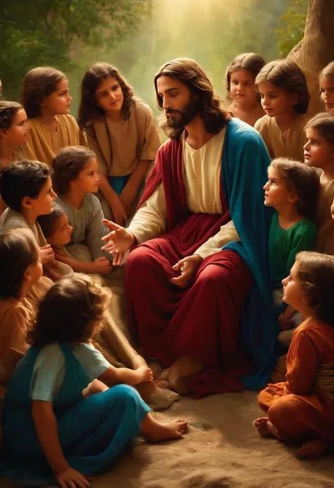 Jesus sitting on the ground with many children by his side