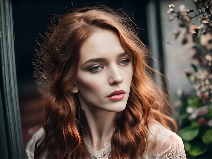 a very pretty readhead danish woman with messy long hair, sitting in the dark horor house, beautiful eyes, unique face, dynamic candid poses, wearing a transparent lace dress, flowers splash in front of woman, detailed face and eyes, perfect object, rain o...