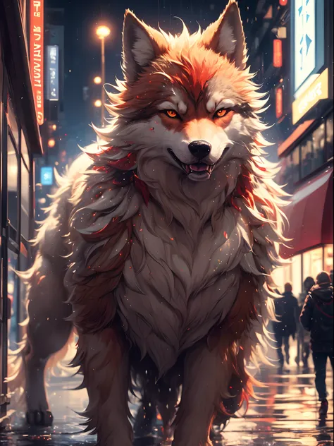 (better detailing, high quality), furry wolf, walking through the city, (night, bright lights, urban environment), (dynamic framing, fierce expression, messy hair), (bright red eyes, detailed coat), (colorful spots, wet streets), (focal point on the wolfs ...