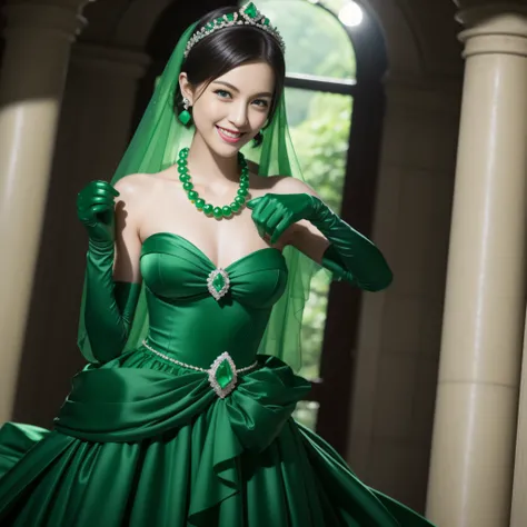 emerald tiara, Green Pearl Necklace, Boyish very short black hair, lipsticks, Japan woman smiling, very short short hair, big breasts beautiful, Green eyes, Long green gloves made of satin material, Green eyes, Emerald Earrings