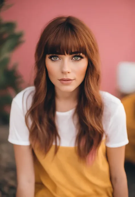 cinnamon hair with bangs, big yellow eyes, pink blush, white t-shirt with black shorts