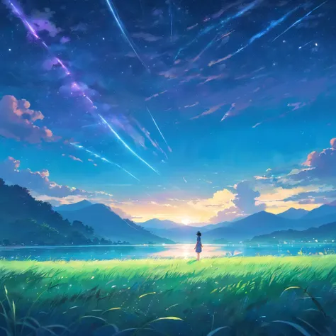 Vast land，Weird literature，Brilliant colors，Starry sky dots，Several harmonious clouds，Overlooking，sheer cliffs，Forest grass，exuberant，Strong perspective，Strong depth，A strong sense of depth and closeness，Strange graphics，Strong impact，Strong sense of color...