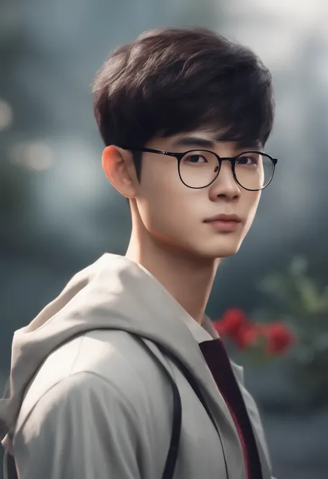 Create an AI avatar of a young Asian male with short black hair and glasses.