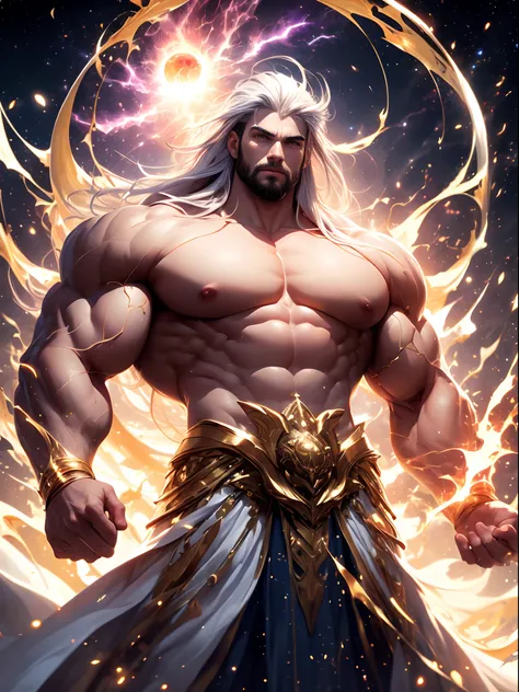 A mystical being floats in the cosmos surrounded by galaxies and nebulae. He has the muscular body of a Greek god with short dark hair and a beard. Bolts of cosmic energy radiate from his eyes as his muscular arms direct the power of the universe. His whit...