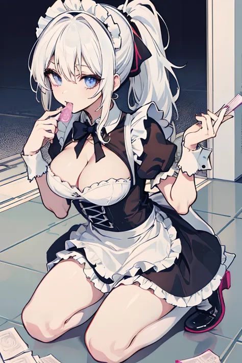 anime girl, white hair, maid costume, kneeling down, cleavage, f cup breasts, ponytail, biting condom