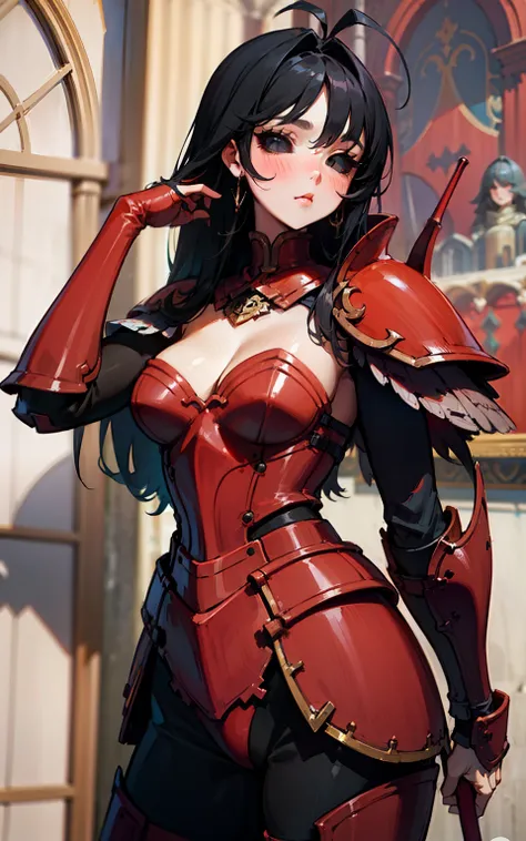 (Original Character, Masterpiece, Best Quality,Detailed, Beautiful Detailed Eyes, solo), fine skin,cleavage,blush,cowboy shot,black eyes,black sclera,black hair,long hair,hair antenna,(red armor),standing in a castle