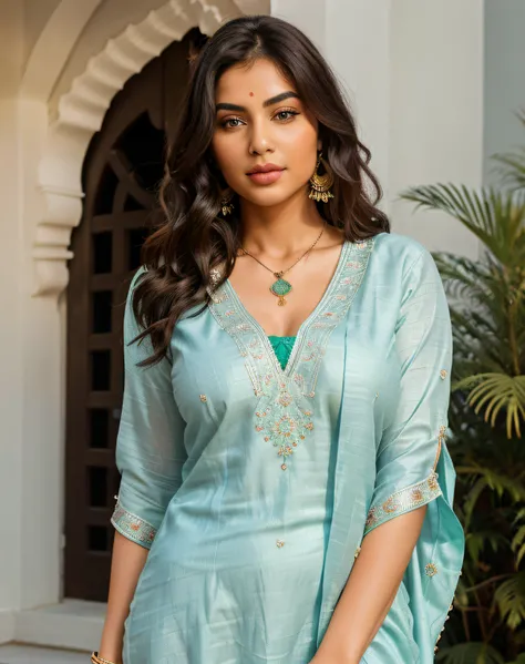 Shot on DSLR Prime Lens, background blur, Beautiful girl, breast size 36, Generate a high-resolution, realistic image of a beautiful Indian female, dressed in an elegant yet comfortable Sea Green kurti pajama ensemble. Colorful shawl around her back, The k...