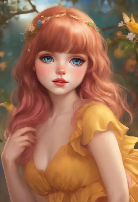 cinnamon hair with bangs, big yellow eyes, pink cheeks, blue dress, rainbow open mouth