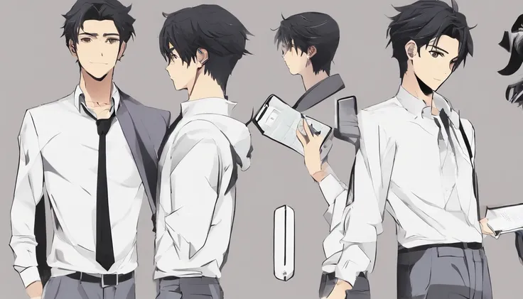 Swarthy guy, Dark short hairstyle with a straight parting, dark eyes, white  shirt, black jeans, with the phone in hand, standing pose, character sheet, different angles