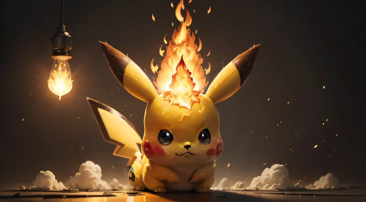 masterpiece,best quality, illustration, Pikachu working in the kitchen,beautiful detailed glow,(flames of war:1.2),(nuclear explosion behide:1.3),rain,detailed lighting,detailed water,(beautiful detailed eyes:1.1),expressionless,