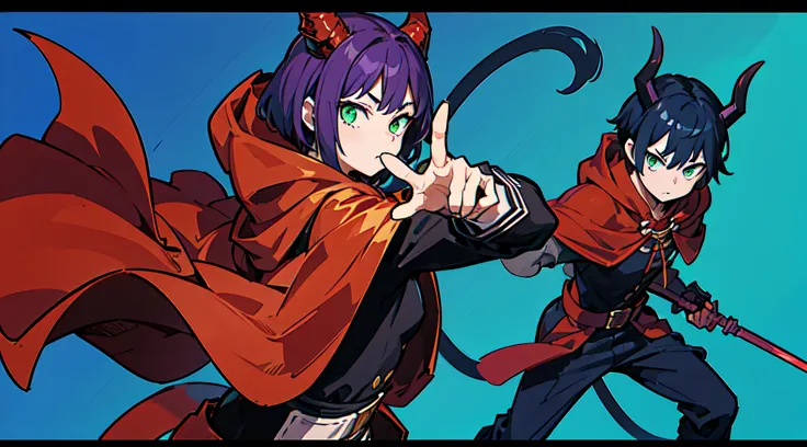 top-quality、​masterpiece、((Deformed))、Boy with short purple hair、Green eyes、demonic horns、red cloak、Composition that reflects the whole body、combat pose、Thumbnail image、Only one person、Blue background