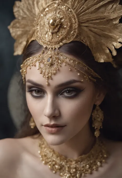 woman dressed golden and gold makeup,in the style of skull motifs,covered in luxurious jewelry, jewelry, luxury, dark white and dark bronze, jewelry by painters and sculptors,high details,realistic,ultra intricate detailing, 8k, Cinematic Lighting, cinemat...