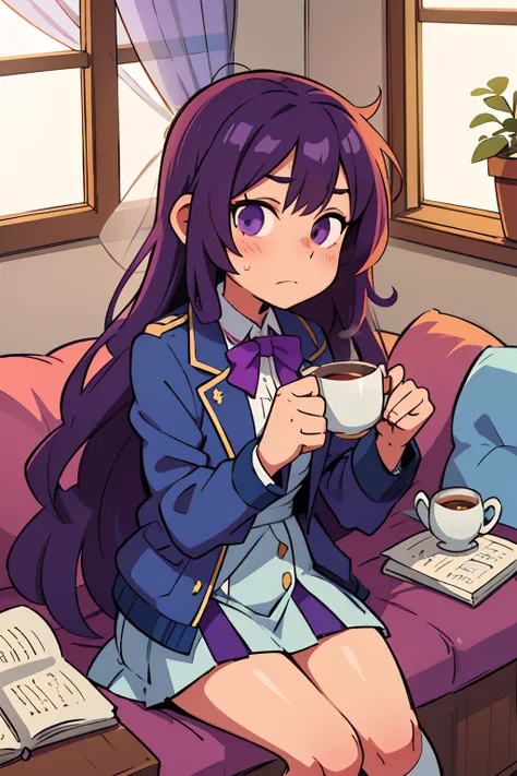 Girl with medium long hair violet hair, blue jacket and white skirt with stockings. He sits on the window, wrapped in blankets, drinking tea. Has a satisfied expression on his face