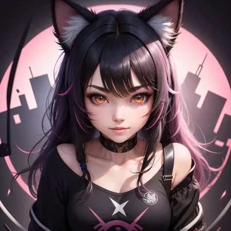 black hair, hair bobbles, wince, longeyelashes, solid circle eyes, fake animal ears, light smile, ear blush, fang, headphones, cat ears, pink hair, hair ribbon, star-shaped pupils, mismatched sclera, cat ears, shy, Surrealism, drop shadow, anaglyph, stereo...