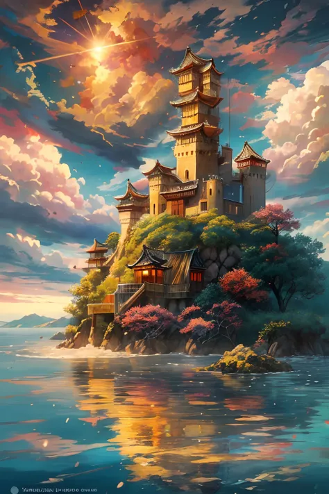 "Un majestuoso castillo flotando en una isla del cielo, Reminiscent of a Japanese-style fortress, suspendido sobre nubes esponjosas, enjoying the warm glow of the sun, irradiando colores vibrantes. Obra maestra."